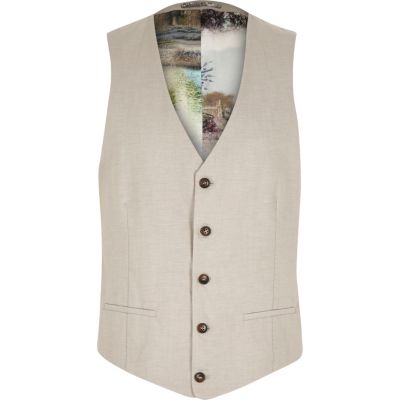 Beige linen-blend print lined waistcoat